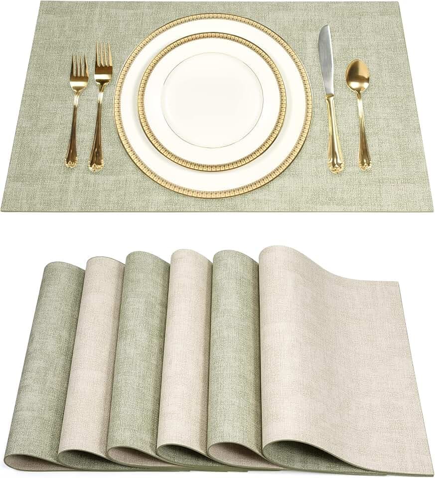 SUEH DESIGN Leather Placemats Table Mats Set of 6, Light Green & Beige