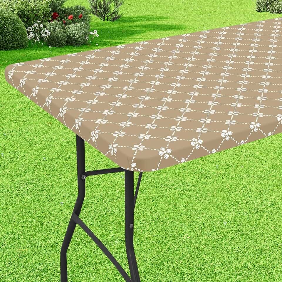 misaya Rectangle Vinyl Table Cloth, Elastic Fitted Tablecloth with Flannel Backing, Waterproof Plastic Table Cover Fits 4 Foot Folding Tables for Picnic, Camping, Indoor and Outdoor (Khaki, 30" x 48")