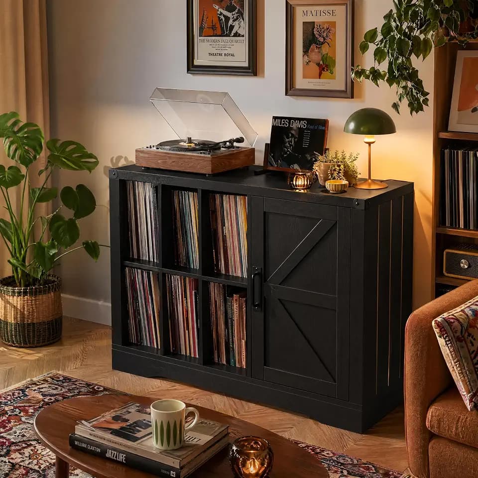 Vinyl Record Player Stand with Storage, 39.4" Farmhouse Turntable Stand Cabinet with Barn Door, Holds 750+ LP Albums, Wooden Stereo Cabinet & Media Console Display Shelf for Living Room, Black