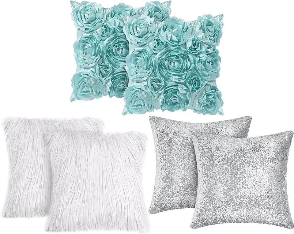 Oudain 6 Pcs Decorative 3D Rose Flower Pillow Cover, Blue, White, Silver