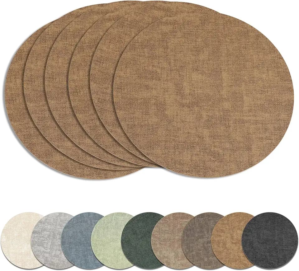 13" Round Placemats Set of 6, Reversible Faux Leather Wipeable Table Mats