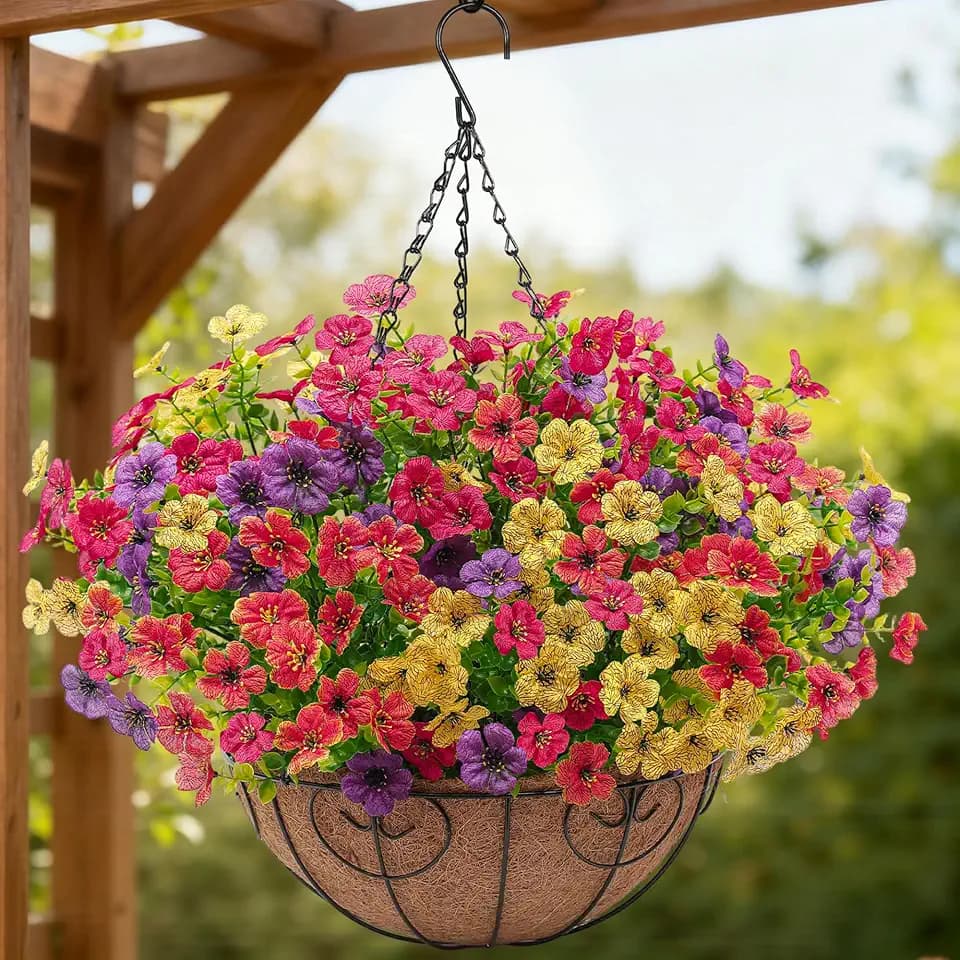 Artificial Faux Hanging Flowers Plants Basket for Outdoors Outside Spring Summer Decoration,Hanging Planters with Silk Fake Flowers Realistic UV Resistant Balcony Porch Garden Patio Home(4 Multicolor)