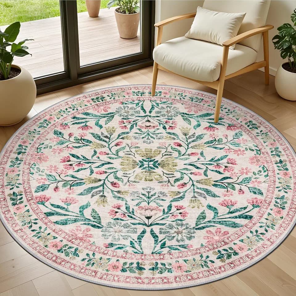 PLHXFR Round Area Rug Living Room: 4 ft Floral Washable Carpet Pink Green