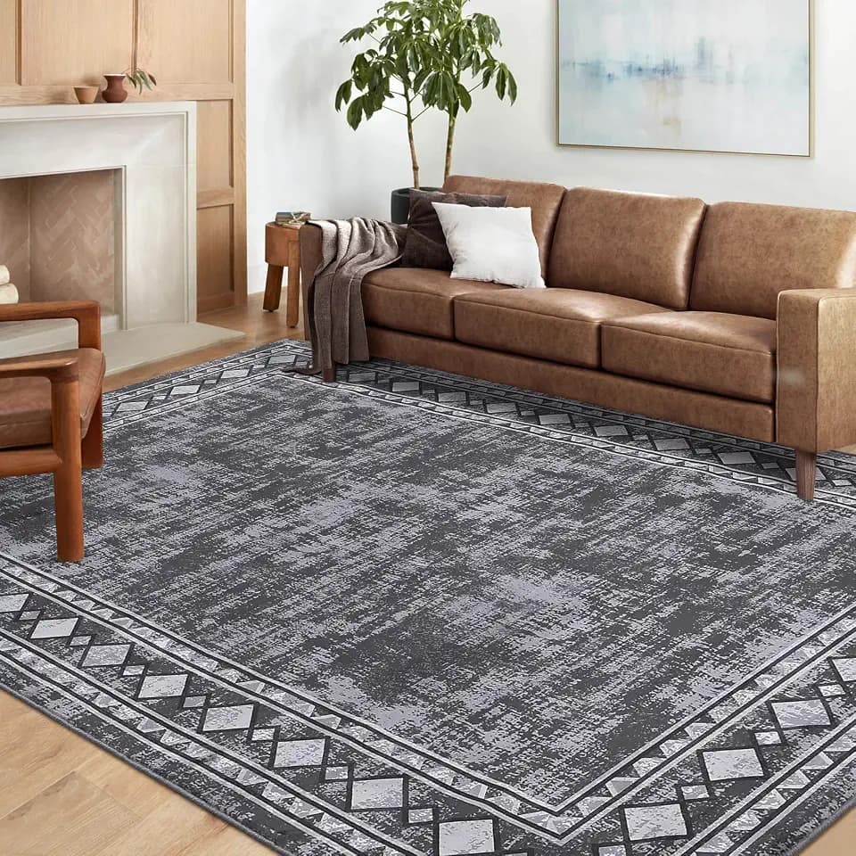 Garvee Modern Rugs for Living Room 8x10 Washable Rug Ultra-Soft Abstract Bedroom Rug Non-Shedding Geometric Floor Cover Foldable Thin Indoor Mat Easy to Clean for Dining Room Nursery Office Dorm Grey