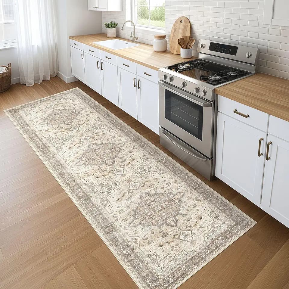 LOONGRUG Runner Rug 2x5 Washable Non-Slip Vintage Boho Rug Beige Brown