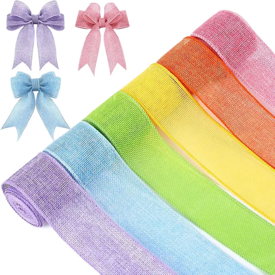 6 Rolls Colorful Wired Burlap Ribbon, Easter Color, 2 Inch