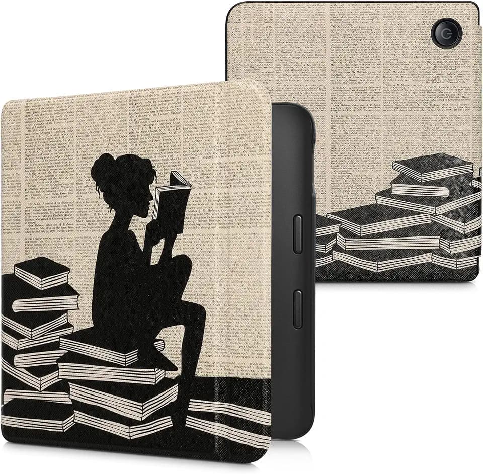 kwmobile Schutzhülle für Kobo Libra 2 Hülle - eReader Flip Case mit Auto Sleep Funktion - Lesende Frau mit Schwarz Beige