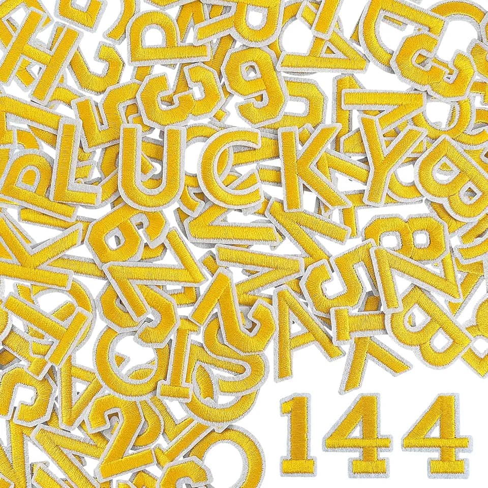 144Pcs Iron on Letters and Numbers Patches, Letter Patches Alphabet Embroidered Patch A-Z, Numbers 0-9 Applique for Clothes, Hat, Socks, Jeans, Jerseys, DIY Accessories - Yellow