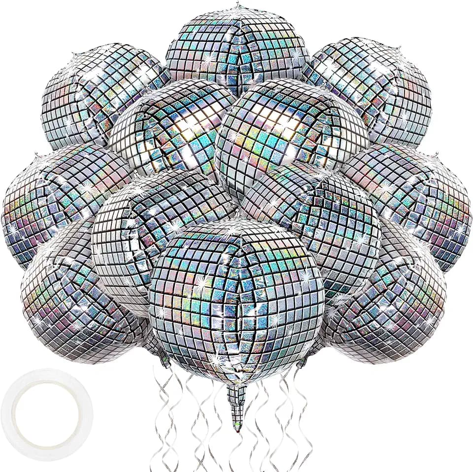 Fovths 12 Pieces Silver Disco Ball Balloons 18 Inch 4D Large Disco Balloon Foil Mylar Balloons for Graduation Birthday Bachelorette 70s 80s 90s Retro Party Decorations, Self-sealing, Reusable