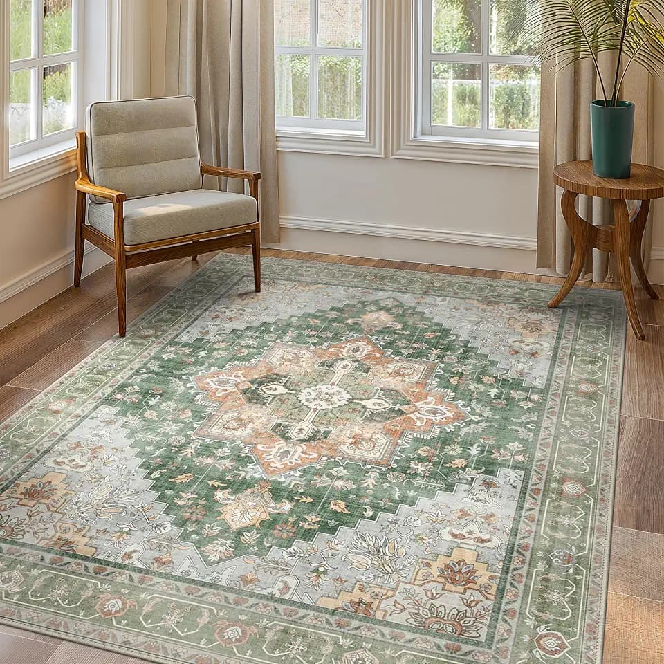 GENIMO 5x7 Washable Area Rugs for Living Room, Non Slip, Sage Green Beige