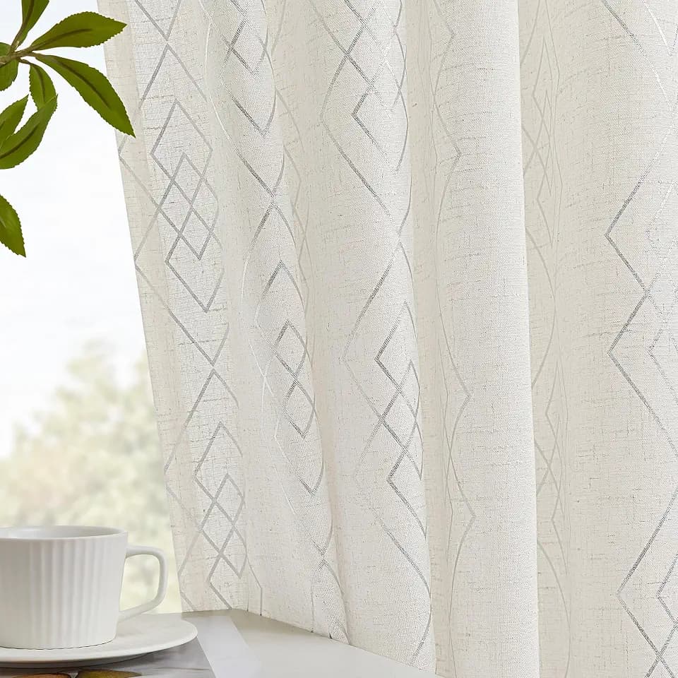 Linen Curtains for Bedroom, Silver Curtains 84 Inches Long Farmhouse Curtains for Living Room, Silver Foil Geometric Drapes, Moroccan Beige Light Filtering Curtain 2 Panels Grommet Top