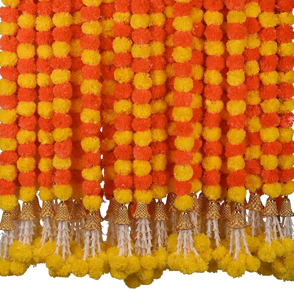 DIYANA IMPEX Marigold Garland for Decoration 5 Pcs of 5 feet Long Strands Artificial Marigold Flowers with Bell, Indian Décor for Pooja/Diwali Decorations/Christmas (Orange + Yellow)