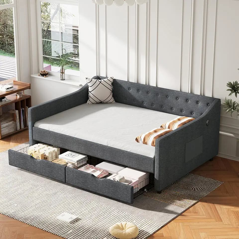 Full Size Upholstered Daybed with Drawers, USB Port & Storage Bag