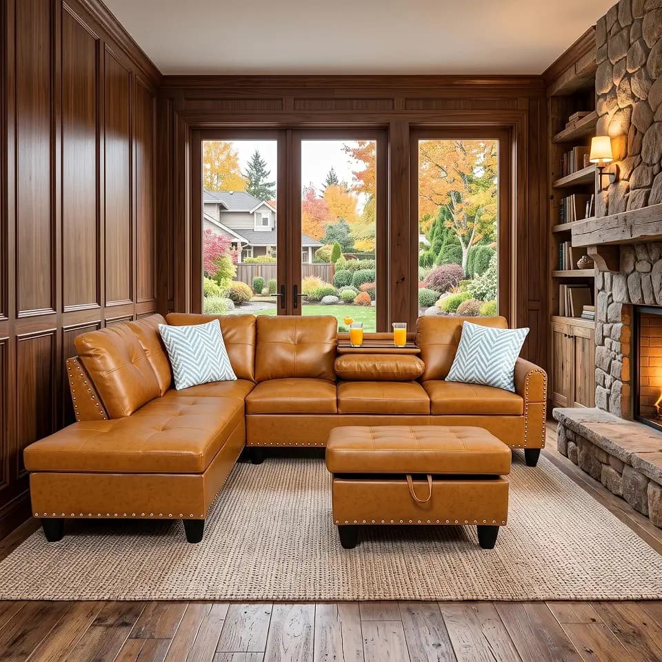 Faux Leather L-Shaped Couch Set, 98"L x 71"W Sectional Sofa Orange