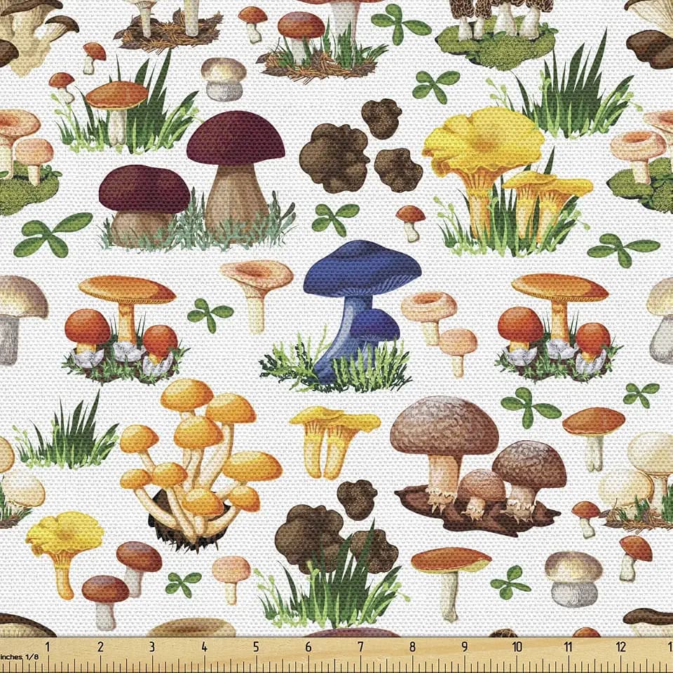 Ambesonne Mushroom Fabric by The Yard, Pattern Types of Mushrooms Wild Species Natural Organic Food Garden Theme, Decorative Fabric for Upholstery and Home Accents, 1 Yard, White Yellow