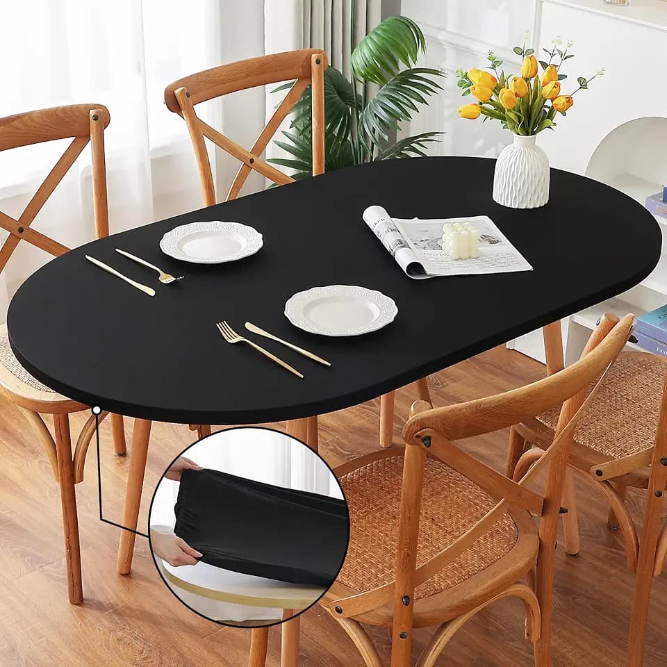 Fitted Spandex Oval Tablecloth, Soft Skin Friendly Non Pilling Breathable Fabric Table Cover with Elastic Band for Dining Gathering Party Banquet Decoration 48 x 68 Inch Black