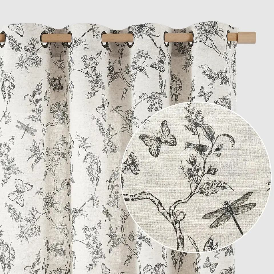 Lazzzy Black Floral Linen Curtains Cottage Grommet Top 50W X 84L 2 Panels