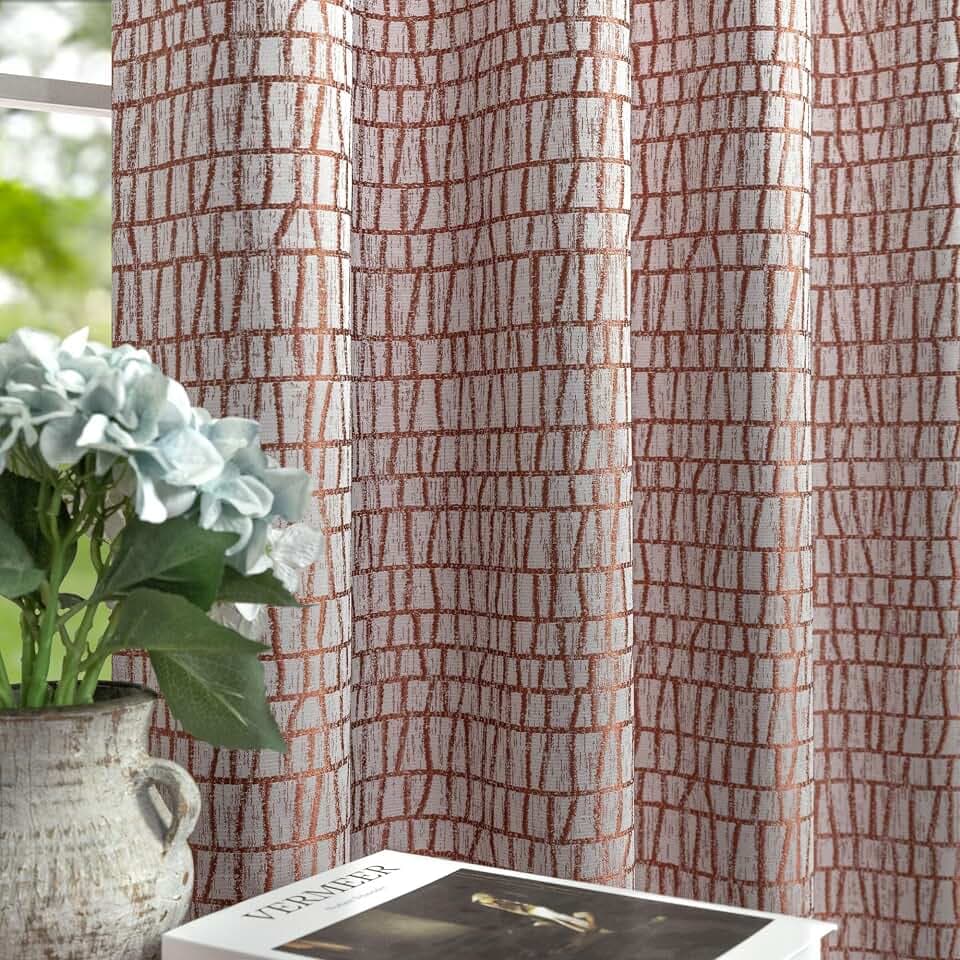 Terracotta Colored Curtains 96 Inches Long for Living Room Light Filtering Distressed Buffalo Gingham Pattern Boho Room Darkening Window Curtain Drapes for Bedroom Set 2 Panels Rust Burnt Orange 52x96