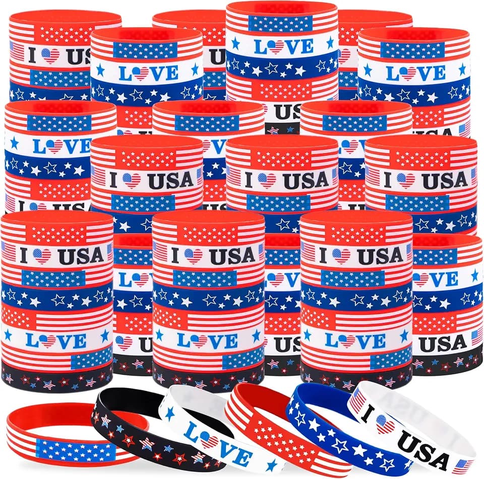 Moon Boat 200PCS 4th/Fourth of July Accessories Party Favors: Patriotic Silicone Rubber Bracelets Bulk USA Flag Wristbands American Memorial Day Decorations Gifts Supplies