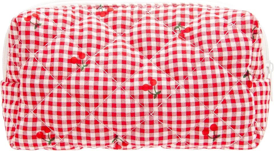 PAZIMIIK Small Quilted Makeup Bag,Zipper Cosmetic Pouch,Gingham Red Cherry