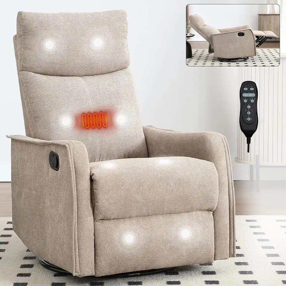 Swivel Rocker Recliner Chair for Adults, Massage & Heat, Fabric, Khaki