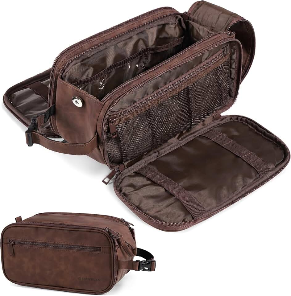 PAVILIA Toiletry Bag for Men, Hanging Travel Dopp Kit Organizer, PU Leather Water Resistant Bathroom Bag for Shaving Grooming, Large Capacity Cosmetic Bag Travel Essentials, Dark Brown