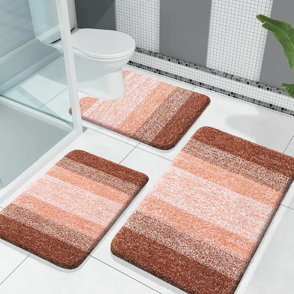 OLANLY Microfiber Bathroom Rugs Sets 3 Piece, Absorbent Bath Mats, Orange