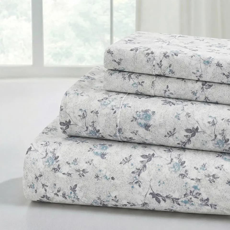 Modern Threads 4-Piece Ultra Soft Microfiber Bed Sheets Set, Wrinkle Free Sheets with Deep Pockets Fitted Sheet, Flat Sheet & Pillowcases, Lightweight Breathable Bedding, Floral Blue, Queen