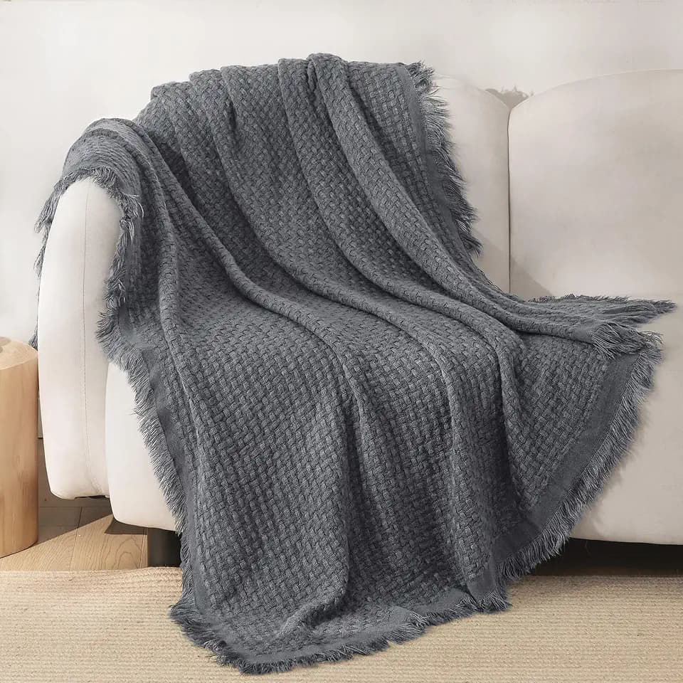Exclusivo Mezcla Knit Throw Blanket with Fringes for Couch, Dark Grey
