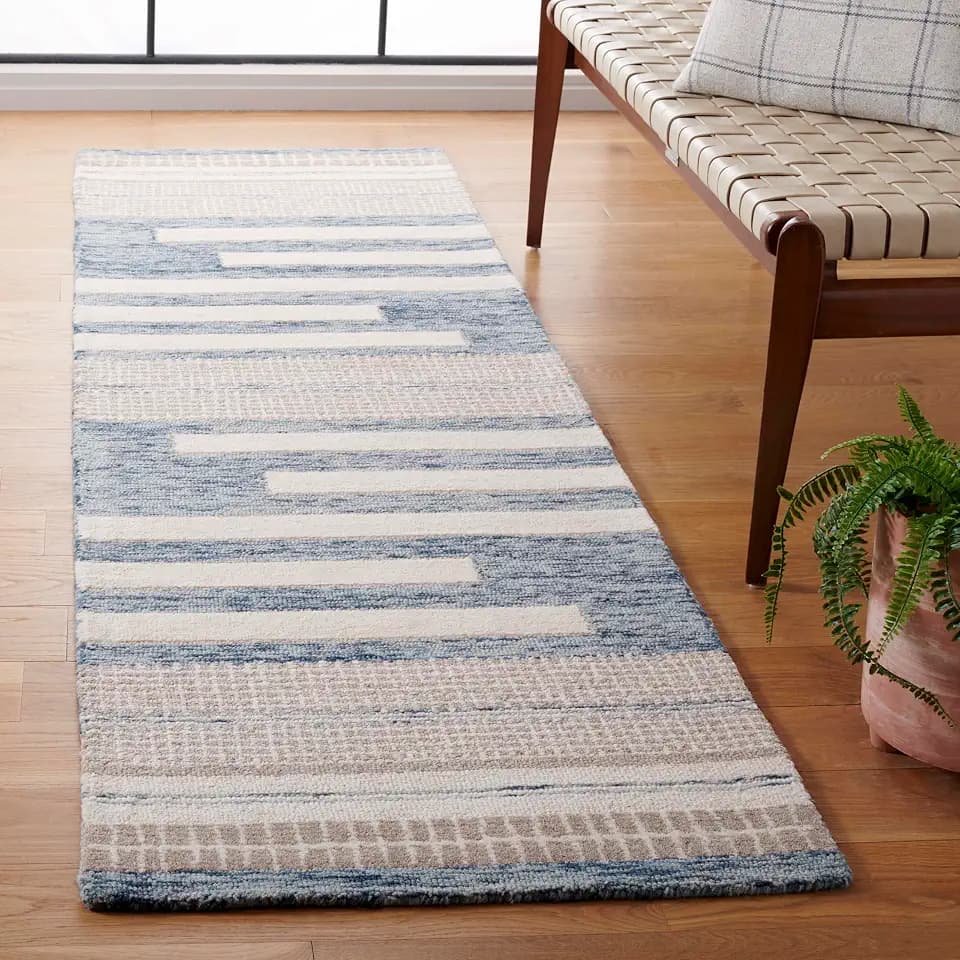 SAFAVIEH Fifth Avenue Collection Runner Rug - 2'3" x 8', Blue & Ivory, Modern Geometric Design, Handmade Wool, Ideal for the Living Room, Bedroom, Dining Room (FTV410M-28)