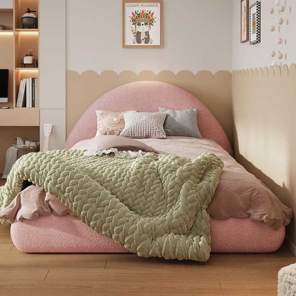 Christopher Knight Home Nielda Teddy Fleece Upholstered Twin Size Bed Frame with Headboard, Modern Twin Bed Frame and Headboard, Wooden Slats Support, Easy Assembly, No Box Spring Needed, Pink