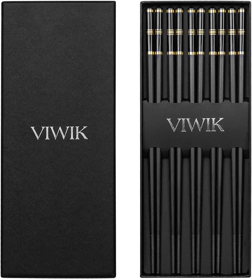 VIWIK 5 Pairs Premium Reusable Chopsticks Gift Set, BPA-Free Anti-Slip Fiberglass Gold Edged Stainless Steel Pipe Fittings Chop Sticks, Japanese Korean Chopstick Food-Grade Dishwasher Safe 9.6 Inch