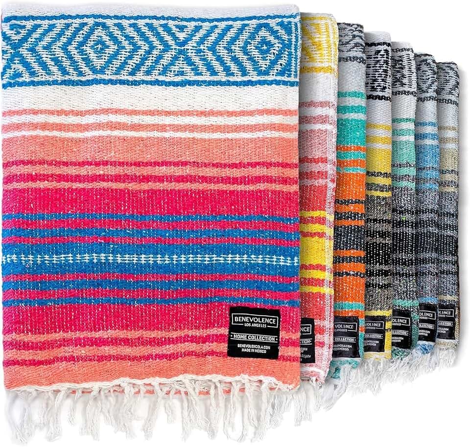 Benevolence LA Authentic Mexican Blanket – Handwoven Falsa Serape Throw – Beach, Camping, Picnic & Yoga Blanket – Lightweight Cotton Throw for Outdoor & Home – Coral, 50x70 in