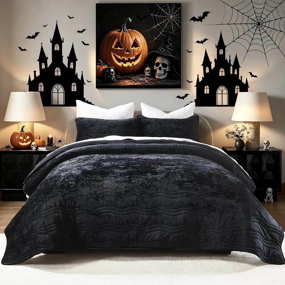 Luxurious Velvet Queen Size Comforter Set,Black Wave Pattern Quilt