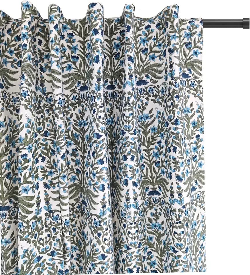 ATOSII 100% Cotton Single Panel Floral Block Print Curtain, Easy Hanging with Rod Pocket & Loop, Living Room, Dining Room, Bedroom Light Filtering Boho Curtains, Set of 1, 60" W X 96" L, Nargis Blue