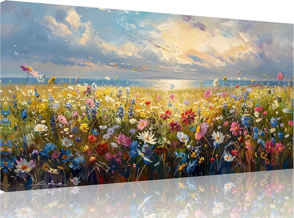 TutuBeer 1 Pcs Wildflower Field Artwork Rustic Wildflower Field at Beach Vintage Wall Art Canvas Prints Wild Flower Wall Art Rustic Style Kitchen Office Farmhouse Bathroom Decor 16x32inch