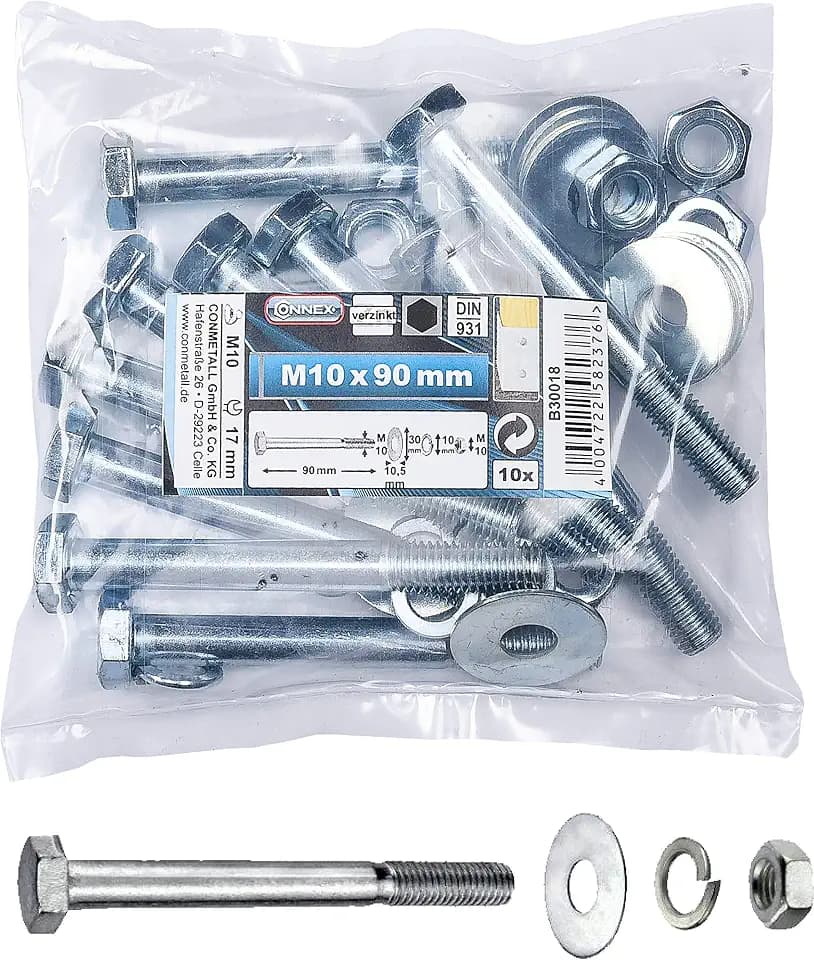 Connex Sechskantschrauben M10 x 90 mm - 10 Stück - Außensechskant-Antrieb - Verzinkt - Für sämtliche Konstruktionen - Inkl. Unterlegscheiben, Federringe & Muttern / Schrauben-Sortiment / B30018