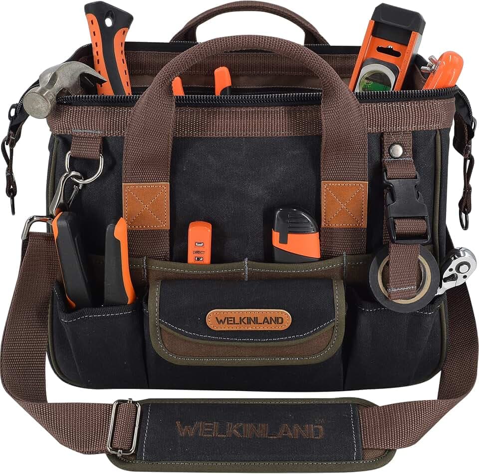 WELKINLAND 30-Pockets Canvas Tool Bag, 14-Inch Electrician Tool Bag For Men