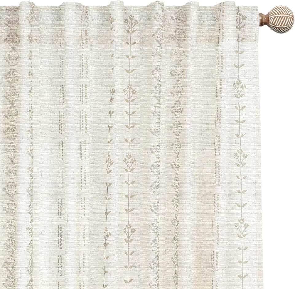90 Inch Curtains Long,Sheer Light Filtering Linen Boho Floral Patterned Neutral Cream Farmhouse Window Curtains 2 Panels Set