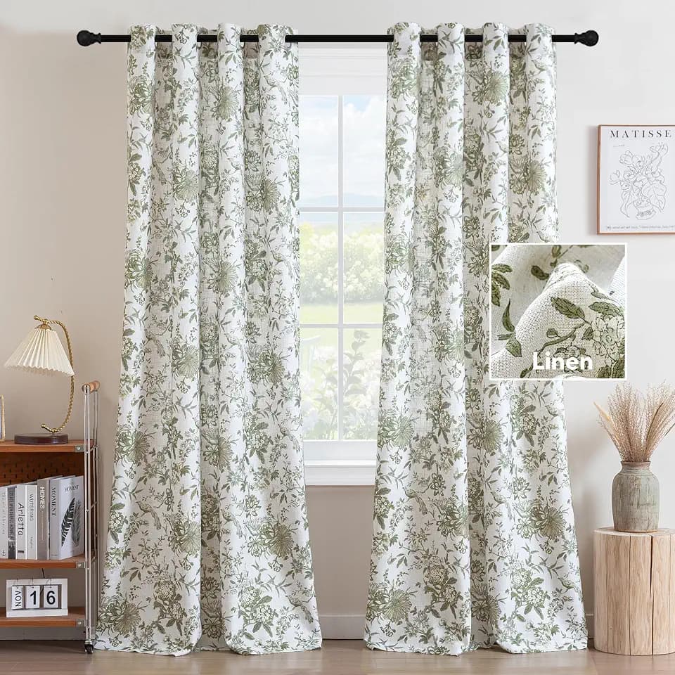 H.VERSAILTEX Linen Blend Curtains for Living Room Printed Floral Curtain Grommet Farmhouse Flower Patterned Drapes Window Treatment Panels Set of 2 Panels, 52" W x 96" L, Iberra Sesame - Sage