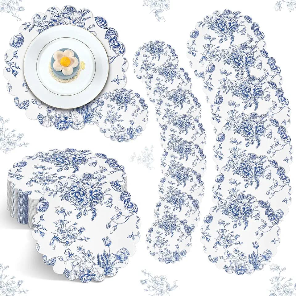 100 Pcs Vintage Blue Floral Paper Placemats Coaster Scalloped Edge