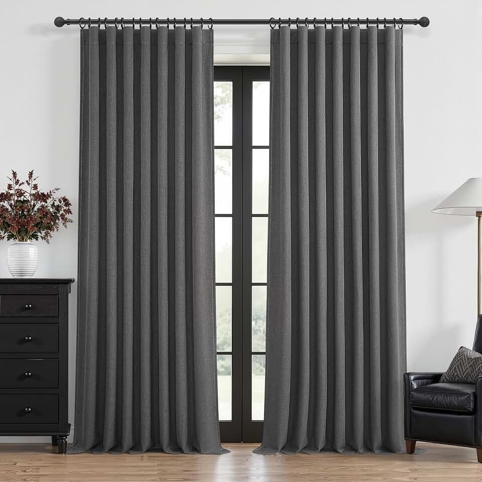 Dark Gray 100% Black Out Linen Curtains 90 Inches Long 2 Panels Set for Kids Boys Room, Country Farmhouse Pleated Ceiling Track Curtain Window Drapes Heavy Thermal for Nursery Charcoal Grey(50"Wx90"L)