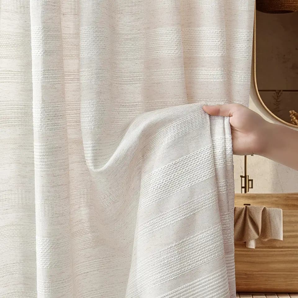 Siiluminisoy Linen Shower Curtain Boho Farmhouse Shower Curtain for Bathroom Rustic Striped French Country Shower Curtains Fabric, Beige/Cream