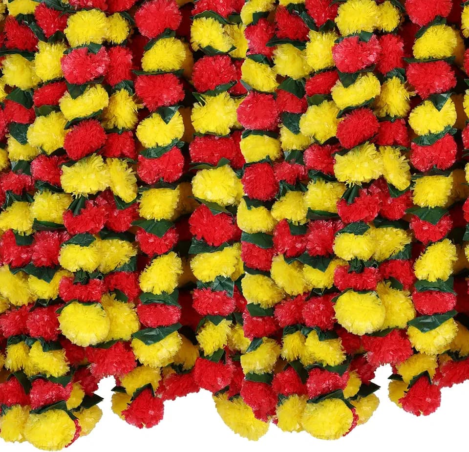 Marubhumi 5 Feet Long Strands Artificial Marigold Flowers With Gulchadi Garland for Diwali Decor, Garland for Decoration, Diwali Decorations for Home, Christmas Decor Wedding Decor, Yellow/Red - 5 PCS