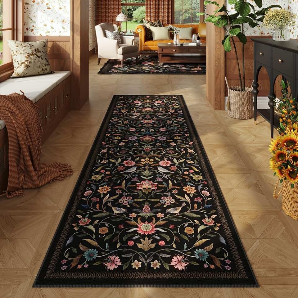 Vintage Medallion Floral Washable Runner Rug 2'7"x8', Non-Slip Low Pile Soft Carpet for Hallways, Laundry, Bedroom, Bathroom, Entryway | Black