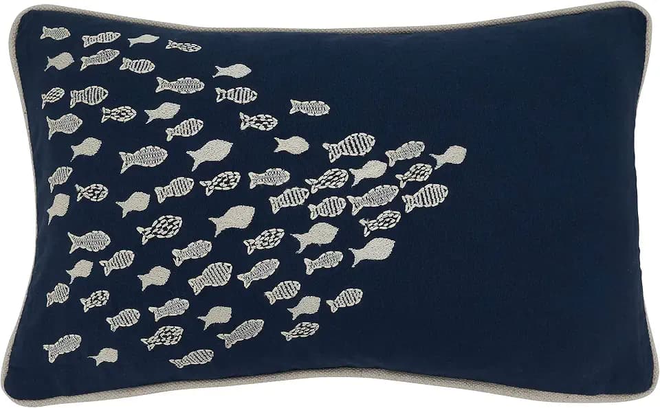SARO LIFESTYLE Naviguer Collection School O'Fish Throw Pillow with Poly Filling, 12" x 20", Navy Blue