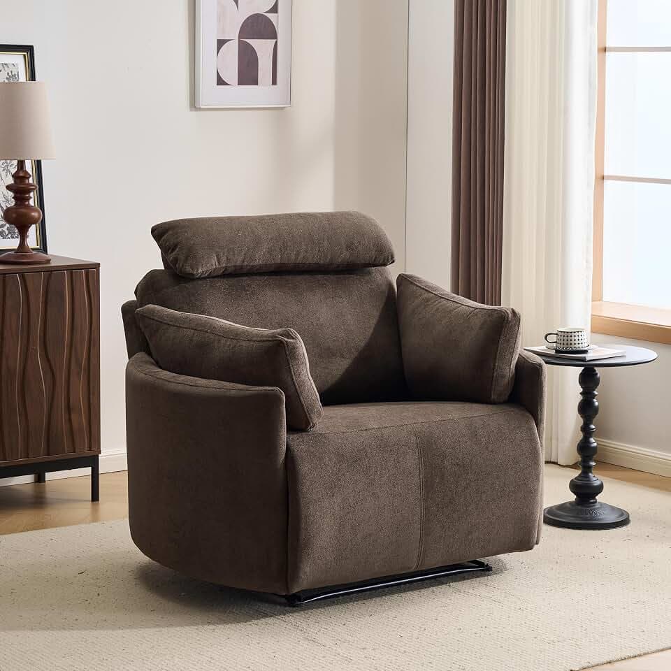 Christopher Knight Home Layla Oversized Manual Recliner Chair, Upholstered Rocker Recliner for Adults, Reclining Accent Chair with Iron Base, Adjustable Headrest and Removable Arm Pillows, Brown