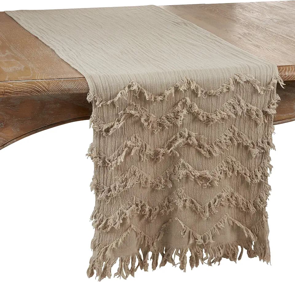 Saro Lifestyle Fringe Chevron Table Runner, 16"x72", Natural