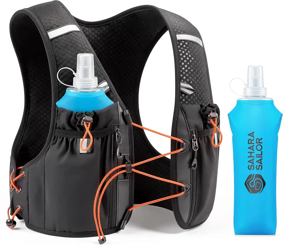Sahara Sailor Running Vest for Women Men, 2PCS 500ml Soft Flasks, Adjustable Chest Waist Fit, Multi-Pockets, Lightweight Breathable Reflective Hydration Backpack for Running, Trail, Cycling, Hiking