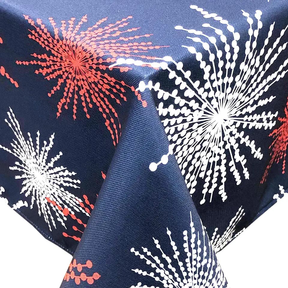 CAIT CHAPMAN HOME COLLECTION Red White Blue Celebration Fireworks Easy-Care Fabric Tablecloth (60"x120", Blue)
